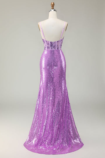 Sparkly Mermaid Purple Corset Sequins Long Formal Dress With Slit